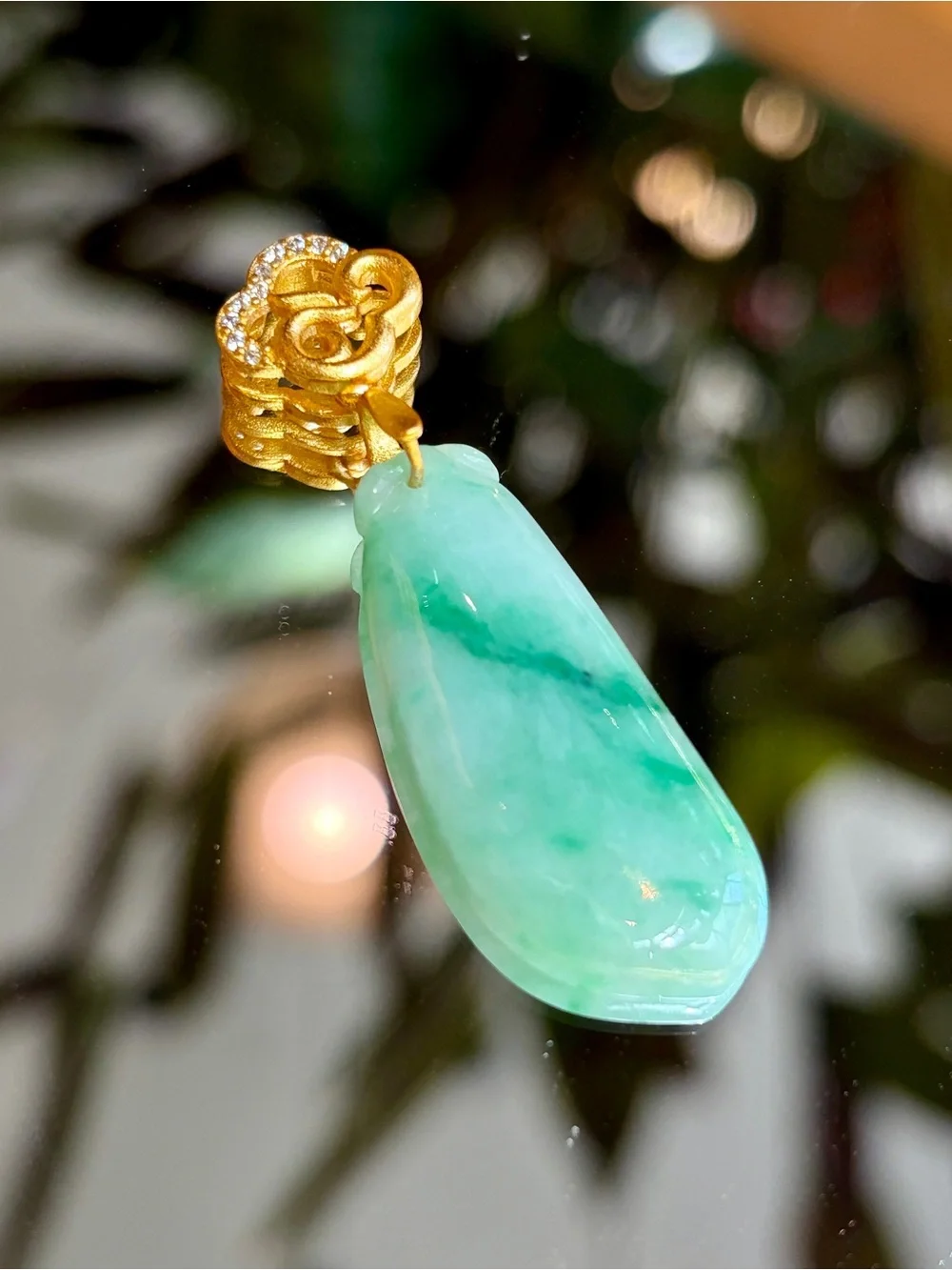Grade A Burmese Jadeite Fu Gua Fortune Melon Pendant/Gold-Plated Silver Bail
